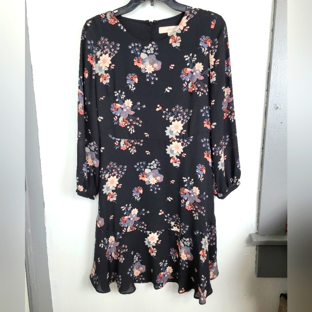 Loft Black Long Sleeve With Multicolor Floral Midi Dress